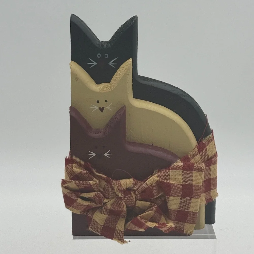 Primitive Wooden Cat Trio Figurine Rustic Folk Art Farmhouse Decor Gingham Bow